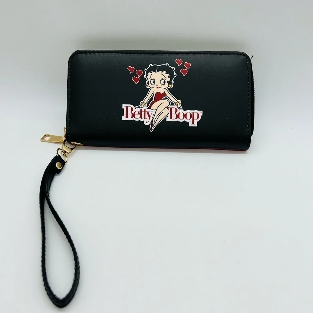 BETTY BOOP ZIP AROUND WRISTLET BLACK, RED AND GOLD HARDWARE